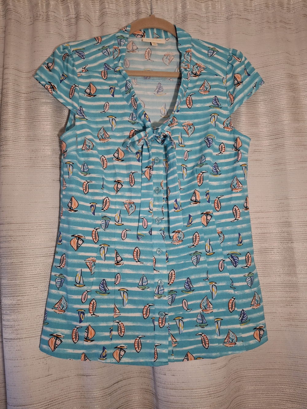 ModCloth Turquoise Sailboat Tie-Neck Short Sleeve Blouse Medium